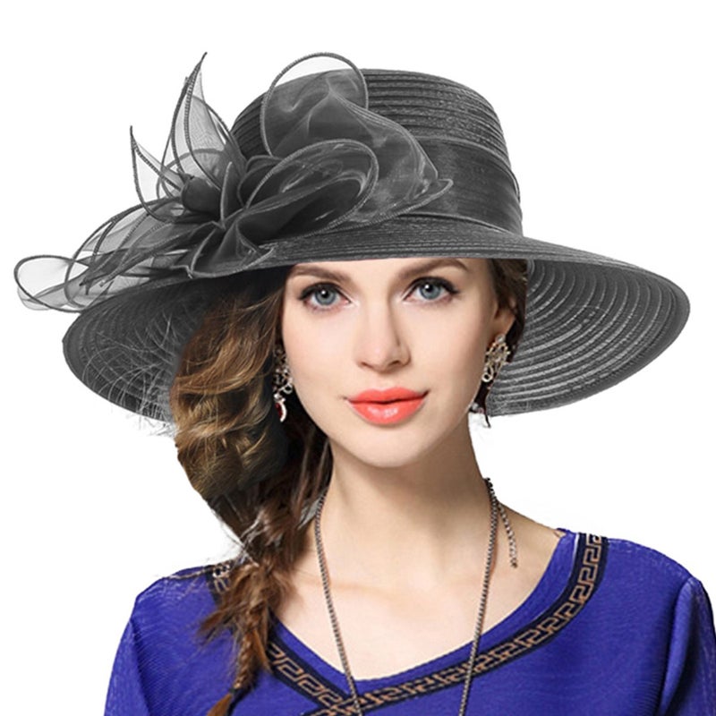 VECRY Kentucky Church Derby Dress Cloche Hat Sweet Cute Floral Bucket Hats (Leaf-Grey) - Image 1
